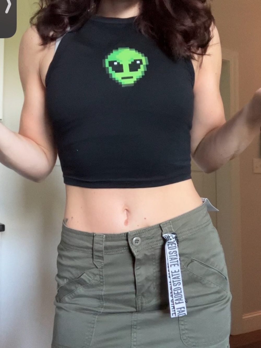SHEIN Black Crop Tank with Neon Green Alien Graphic
